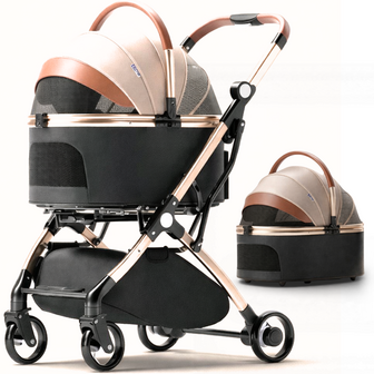 Dogs&amp;Co&reg; Hondenbuggy Deluxe Goud &amp; Zwart - Opvouwbaar - Premium banden - RVS - Hond &amp; Kat - Hondenwagen - Huisdierenwagen