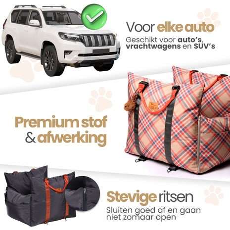  Dogs&amp;Co&reg; Luxe Honden autostoel  Royal+  Beige Check  Waterproof Limited Edition