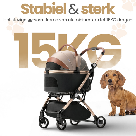 Dogs&Co&reg; Hondenbuggy Deluxe Goud & Zwart - Opvouwbaar - Premium banden - RVS - Hond & Kat - Hondenwagen - Huisdierenwagen
