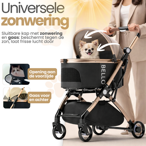 Dogs&Co&reg; Hondenbuggy Deluxe Goud & Zwart - Opvouwbaar - Premium banden - RVS - Hond & Kat - Hondenwagen - Huisdierenwagen