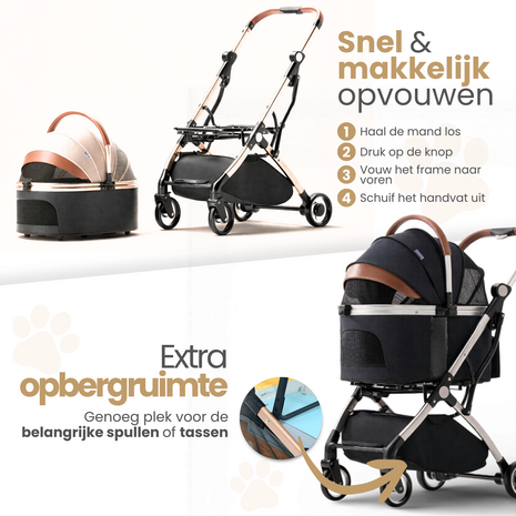Dogs&Co&reg; Hondenbuggy Deluxe Goud & Zwart - Opvouwbaar - Premium banden - RVS - Hond & Kat - Hondenwagen - Huisdierenwagen